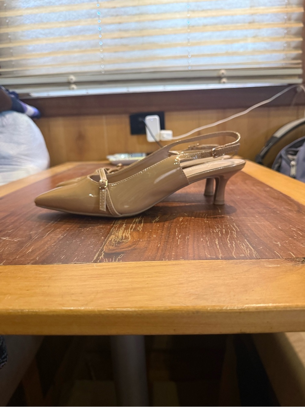 Patent Leather Slingback Kitten Heel in Taupe